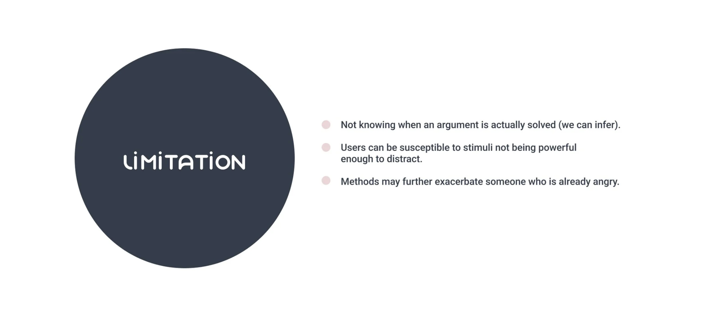 Limitations: not knowing when an argument is resolved; users may not be distracted by stimuli; methods could exacerbate someone already angry